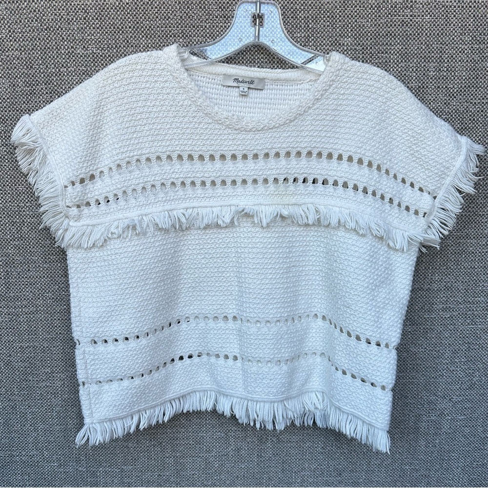 Madewell White Fringe Knit Short Sleeve Sweater
